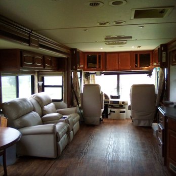 All Brand Rv Service - new handmade cabinet above windshield where old tv was removed, new recliners - RV Repair Near Me - Elkhart, Indiana All Brand Rv Service - new handmade cabinet above windshield where old tv was removed, new recliners - RV Repair Near Me - Elkhart, Indiana