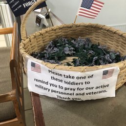 Wonderful "pray for our military/veterans" basket! You can take a little plastic soldier, to remember to pray for our service members. Wonderful "pray for our military/veterans" basket! You can take a little plastic soldier, to remember to pray for our service members.