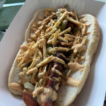 What’s Up Dog - 1/4 Pounder halal Beef Hot Dog with crispy potatoes, pickles, jalepeno, and special sauce! - Hot Dogs Near Me - Bellevue, Washington What’s Up Dog - 1/4 Pounder halal Beef Hot Dog with crispy potatoes, pickles, jalepeno, and special sauce! - Hot Dogs Near Me - Bellevue, Washington