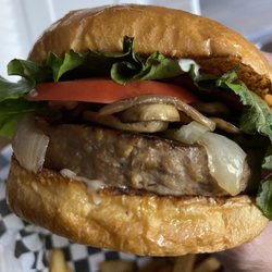 Manhattin Kitchen & Eatery - Beyond burger with sautéed onions & mushroom with garlic aioli