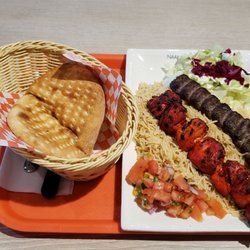 Naan and Kabob - Waziri Tandoori kabob plate with rice, served with house salad and complimentary naan