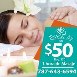 Flor de Liz Spa - Relaja tú mente y tú cuerpo con un delicioso masaje de 1 hora. Promoción válida hasta el 31 de octubre de 2019.