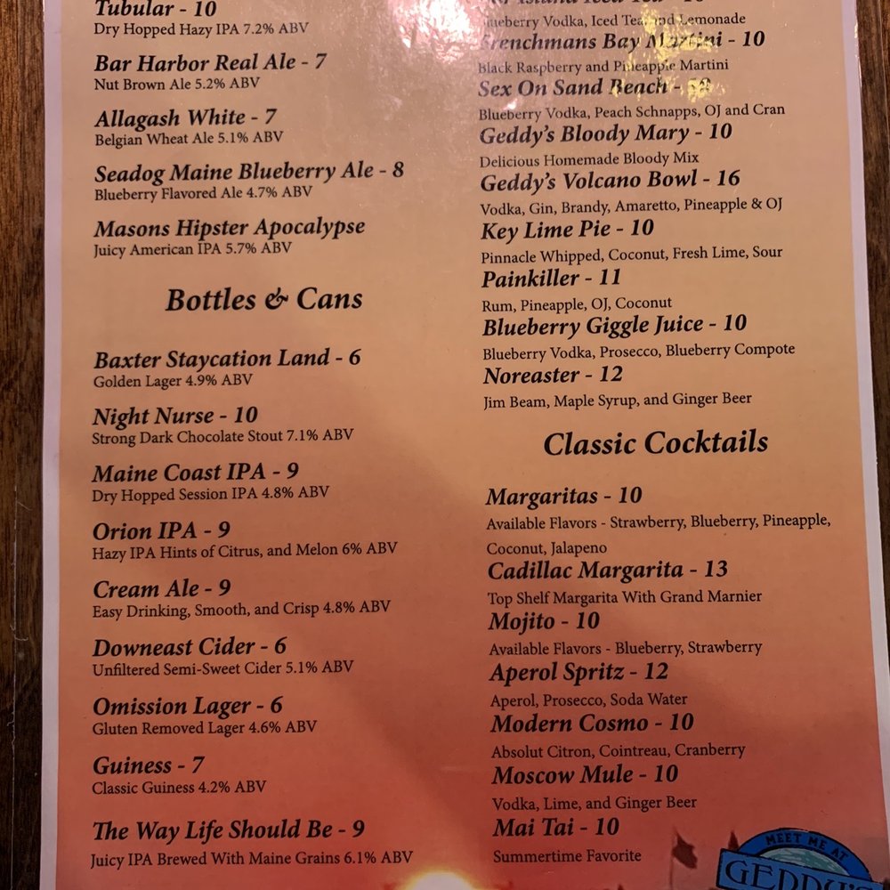 Geddy's - drink menu - Seafood Near Me - Bar Harbor, Maine