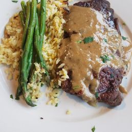 Pan seared steak with rice pilaf and asparagus... yum