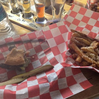 St  Ambrose Cellars - Finishing my Black Bean Burger and Truffle Fries - Wineries Near Me - Beulah, Michigan