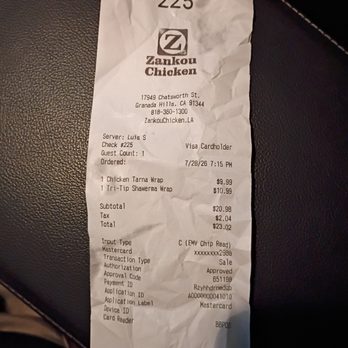 Zankou Chicken - Receipt of my proof of purchase. - Mediterranean Near Me - Granada Hills, California Zankou Chicken - Receipt of my proof of purchase. - Mediterranean Near Me - Granada Hills, California