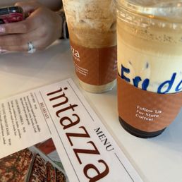 Espresso fredo and carrot cake latte.