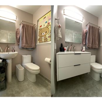 G Pro Builders And Remodeling - Left is before with pedestal sink, right is after mounting the floating vanity, with a power outlet inside the drawer - General Contractors Near Me G Pro Builders And Remodeling - Left is before with pedestal sink, right is after mounting the floating vanity, with a power outlet inside the drawer - General Contractors Near Me