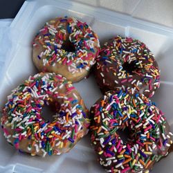 Doshier's Donuts - 2 glazed and 2 chocolate donuts with sprinkles