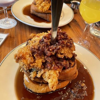 Maison Pickle - Challah French toast w/ fried chicken. Don't underestimate these portion sizes! - Cocktail Bars Near Me - New York, New York