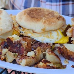 Towers Cafe - Twin English Muffin Sausage, Egg, and Cheese sandwiches with Red Skinned Home Fries!!!