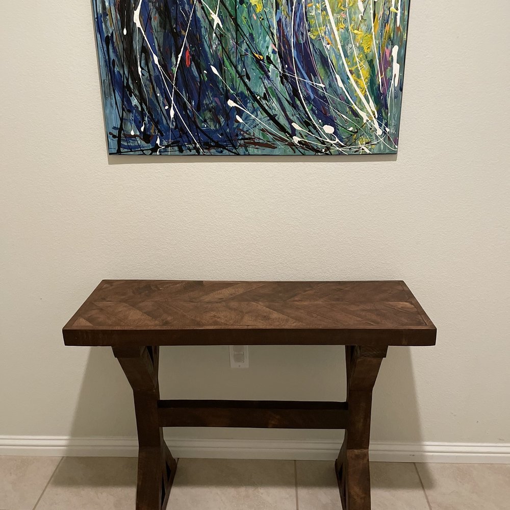 DJ’s Kingdom Builders - Matching chevron entry table with trestle base in Alder wood stained to match walnut dining set. Dimensions 40"L x 14"W x 30"H - Handyman Near Me DJ’s Kingdom Builders - Matching chevron entry table with trestle base in Alder wood stained to match walnut dining set. Dimensions 40"L x 14"W x 30"H - Handyman Near Me