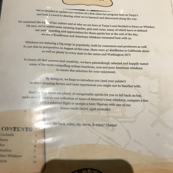 Tarpy's Roadhouse - Welcome message and history of Tarpy's on the beginning of the beverage menu at Tarpy's Roadhouse in Monterey. - New American Near Me - Monterey, California