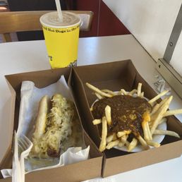 Polish Sausage with sauerkraut and mustard, and chili cheese fries.