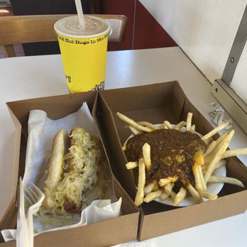 Carneys - Polish Sausage with sauerkraut and mustard, and chili cheese fries. - Burgers Near Me - Studio City, California