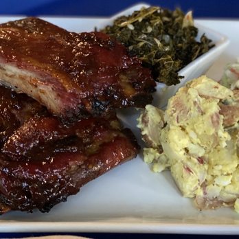 Base Camp Eatery - Chef's special: St. Louis ribs with roasted potato salad, kale, coleslaw ($26) - American Near Me - Yosemite Valley, California Base Camp Eatery - Chef's special: St. Louis ribs with roasted potato salad, kale, coleslaw ($26) - American Near Me - Yosemite Valley, California