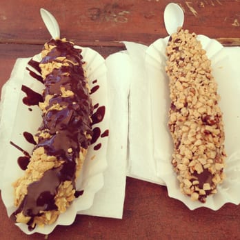 Bananarchy - Left- Reese's pb special. Right- chocolate dipped, pb swirled, covered in toffee - Desserts Near Me - Austin, Texas Bananarchy - Left- Reese's pb special. Right- chocolate dipped, pb swirled, covered in toffee - Desserts Near Me - Austin, Texas