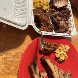 Pittie Q BBQ - Box has 2 portions of brisket + sides of beans & mac & cheese Also pictured are some ribs from our other box