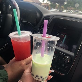 CHA 101 - Strawberry green tea w/boba (left) honey dew milk w/honey boba (right) - Bubble Tea Near Me - Santa Maria, California