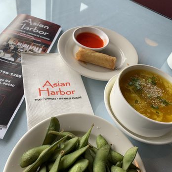 Asian Harbor - Lunch appetizers: Edamame, spring roll w/ sweet sauce, & Egg Drop Soup - Asian Fusion Near Me - Homewood, Illinois Asian Harbor - Lunch appetizers: Edamame, spring roll w/ sweet sauce, & Egg Drop Soup - Asian Fusion Near Me - Homewood, Illinois