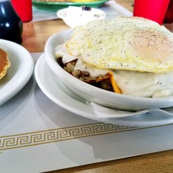 Country Fried Steak Skillet. Potatoes, country fried steak, melted cheese, white gravy topped with 2 eggs. Pancakes or toast