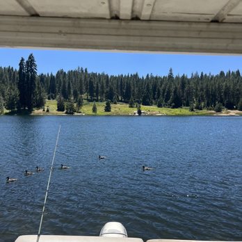 Camp Edison - Fishing of the back of rented pontoon boat - Campgrounds Near Me - Shaver Lake, California