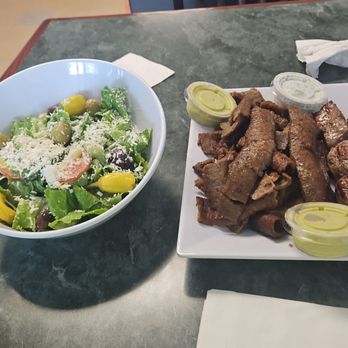 The Green Olive - Beef kabob with a side of Gyro meat and a side salad! - Mediterranean Near Me - West Des Moines, Iowa The Green Olive - Beef kabob with a side of Gyro meat and a side salad! - Mediterranean Near Me - West Des Moines, Iowa