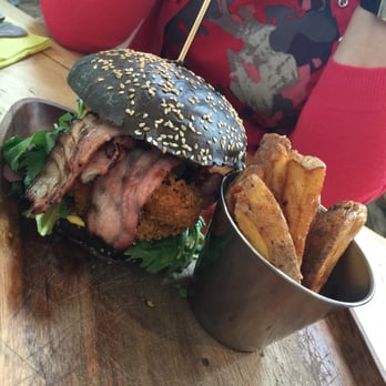 The Sheppey Inn - The Monkfish Burger with Squid Ink Bun! - Pubs Near Me - Wells, SOM