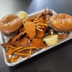 Market Burger - Double burgers, customized with split decision fries and maple mustard, which is awesome with the sweet potato fries!