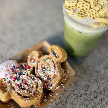 Schmoozies! - Mickey-Shaped Celebration Waffles and Iced Honey Matcha Tea - Coffee & Tea Near Me - Anaheim, California Schmoozies! - Mickey-Shaped Celebration Waffles and Iced Honey Matcha Tea - Coffee & Tea Near Me - Anaheim, California