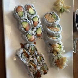 Sushi salmon avocado, eel cucumber, sweet potato