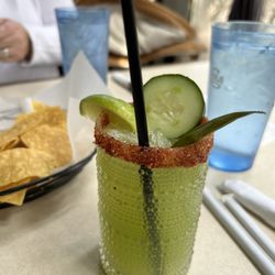 Casa Amigos Tequila Bar & Grill - Cucumber margarita and chips with salsa