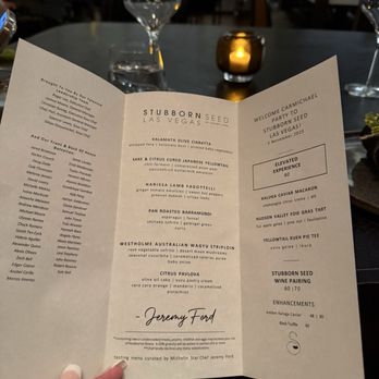 Stubborn Seed - The Menu for The Stubborn Seed by Jeremy Ford here in World Resorts In Vegas. It did earn a "Michelin Star" in Miami's original Location. - New American Near Me - Las Vegas, Nevada Stubborn Seed - The Menu for The Stubborn Seed by Jeremy Ford here in World Resorts In Vegas. It did earn a "Michelin Star" in Miami's original Location. - New American Near Me - Las Vegas, Nevada