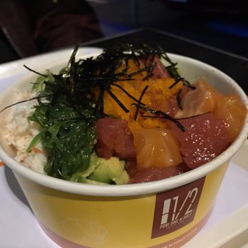 Poki One N Half - Salmon and Tuna bowl. Fish looks dark because I sat outside at night! Fish is actually pretty bright in color - Poke Near Me - San Diego, California