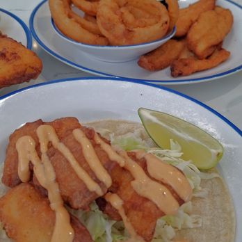 Cook's Seafood - Fish taco in front, onion rings and sanddabs - Seafood Near Me - Pleasanton, California