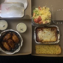 Paynes Pizza & More - 4 Honey BBQ wings w/2 cups ranch dressing,Lasagna w/ garlic bread & side salad