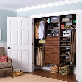 EasyClosets - Reach-in closet in Chestnut. Storage for two with hanging rods, adjustable shelving and a set of drawers. Very functional. - Cabinetry Near Me - Parsippany, New Jersey