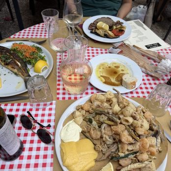 Al Nono Risorto - Fried seafood platter, branzino plate, and steak with a side. - Venetian Near Me - Venezia, VE