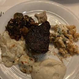 Filet Mignon, Au Gratin Cheddar Potatoes, Honey Sriracha Brussels Sprouts, Truffled Macaroni and Cheese, Mashed Potatoes
