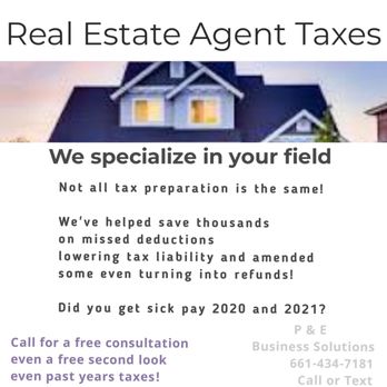 P & E Business Solutions - We specialize in many other fields as well for self employed follow us for when you need us
https://www.facebook.com/PalmdaleTaxPreparation - Tax Services Near Me - Palmdale, California P & E Business Solutions - We specialize in many other fields as well for self employed follow us for when you need us
https://www.facebook.com/PalmdaleTaxPreparation - Tax Services Near Me - Palmdale, California