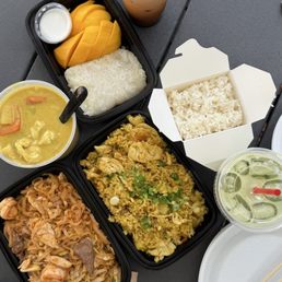 Pad Thai, pineapple fried rice, yellow curry, Thai tea + green Thai tea, and mango sticky rice Pad Thai, pineapple fried rice, yellow curry, Thai tea + green Thai tea, and mango sticky rice