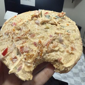 Bagel Bar & Coffee - Tomato Sun dried cream cheese on Jalapeño bagel - Bagels Near Me - The Colony, Texas Bagel Bar & Coffee - Tomato Sun dried cream cheese on Jalapeño bagel - Bagels Near Me - The Colony, Texas
