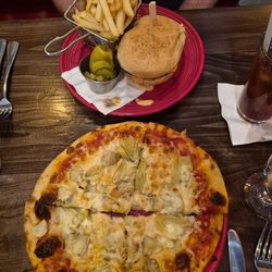 Vinny G's Pizza and Cocktails - Double cheeseburger + fried snd artichoke single pizza.