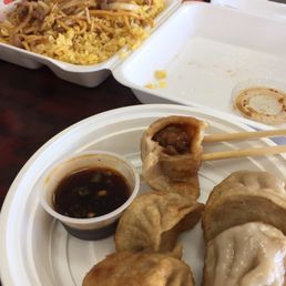 Fried dumplings (pot stickers ). And Beef lo Mein and chicken and cashews. Lunch portions are generous. Fried dumplings (pot stickers ). And Beef lo Mein and chicken and cashews. Lunch portions are generous.
