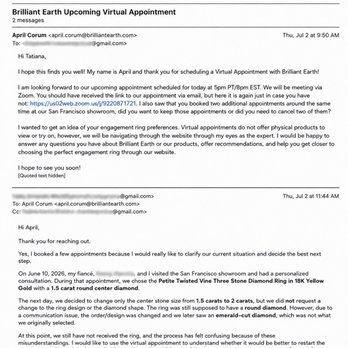 Brilliant Earth - The email I had to send after Brilliant Earth stopped contacting us and failed to provide any updates about our ring or the $2,000 payment. - Jewelry Near Me - San Francisco, California