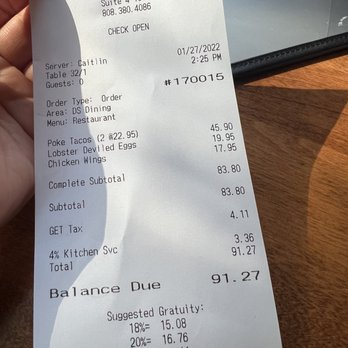 Monkeypod Kitchen - Receipt - Hawaiian Near Me - Kapolei, Hawaii