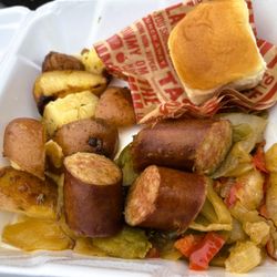 The Little Mermaid Cafe - A special . . . Kielbasa, Red Garlic Roasted Potatoes, Sauteed Pepper & Onions, generic dinner roll