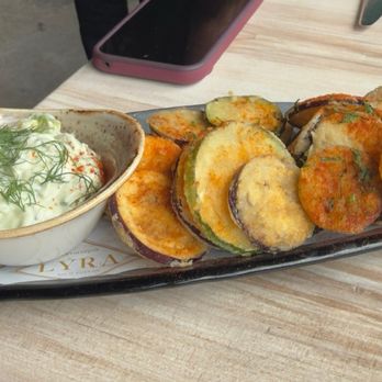 LÝRA - Fried zucchini and eggplant slices with avocado tzatziki - Greek Near Me - Chicago, Illinois LÝRA - Fried zucchini and eggplant slices with avocado tzatziki - Greek Near Me - Chicago, Illinois