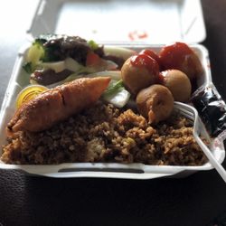 Hong Kong Chinese Food Takeout - Beef and veg; chicken balls with cheery sauce, chicken fried rice and egg roll.