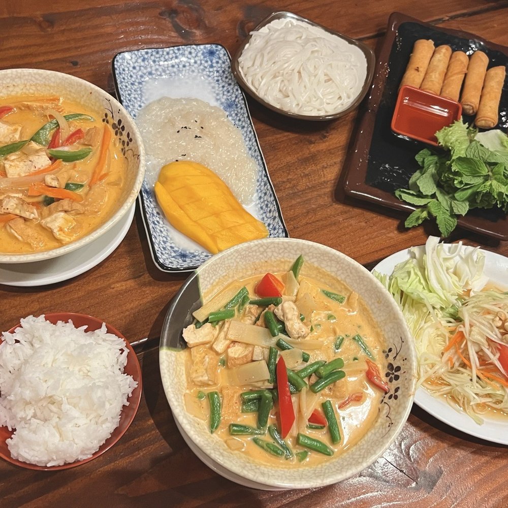 Red Elephant - 32. Evil Jungle Curry with tofu, side noodles, Jasmin Rice (White Rice), 28. Red Curry with tofu, 10. Papaya Salad, 2. Spring Rolls - Thai Near Me - Honolulu, Hawaii